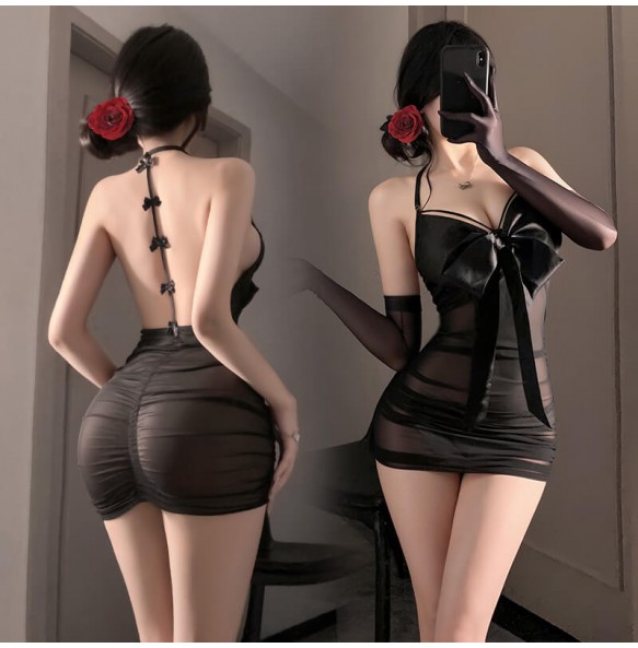 FEE ET MOI - Bow-Decorated Ruched Sheer Nightdress (Black)